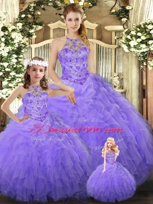 Amazing Halter Top Sleeveless Lace Up Quince Ball Gowns Lavender Tulle