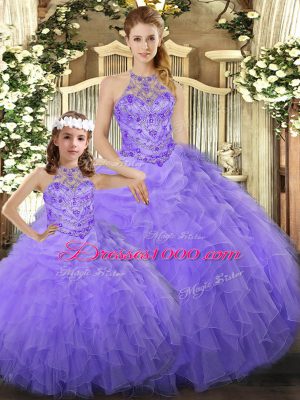 Amazing Halter Top Sleeveless Lace Up Quince Ball Gowns Lavender Tulle