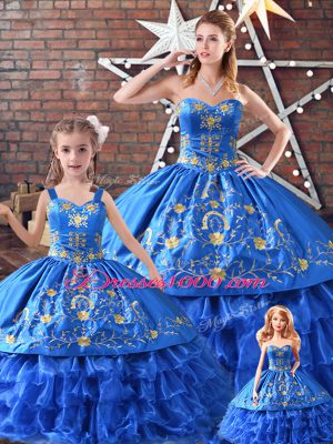 Blue Quince Ball Gowns Sweet 16 and Quinceanera with Embroidery Sweetheart Sleeveless Lace Up