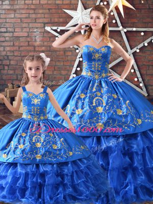 Blue Quince Ball Gowns Sweet 16 and Quinceanera with Embroidery Sweetheart Sleeveless Lace Up