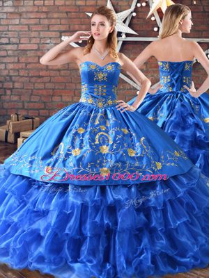 Blue Quince Ball Gowns Sweet 16 and Quinceanera with Embroidery Sweetheart Sleeveless Lace Up