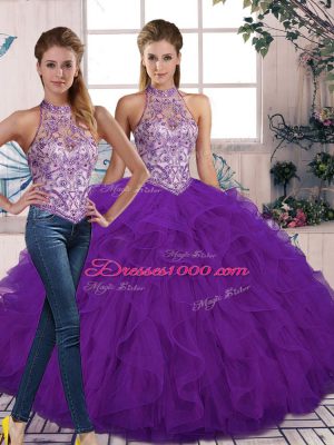 Colorful Purple Lace Up Quince Ball Gowns Beading and Ruffles Sleeveless Floor Length