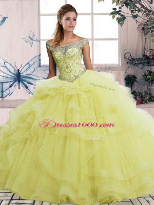 Amazing Floor Length Yellow Quince Ball Gowns Tulle Sleeveless Beading and Ruffles
