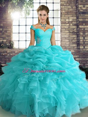 Off The Shoulder Sleeveless Lace Up Vestidos de Quinceanera Aqua Blue Organza