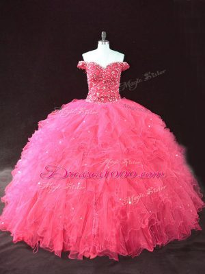 Clearance Hot Pink Tulle Lace Up Off The Shoulder Sleeveless Floor Length Sweet 16 Dresses Beading and Ruffles