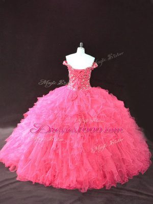 Clearance Hot Pink Tulle Lace Up Off The Shoulder Sleeveless Floor Length Sweet 16 Dresses Beading and Ruffles