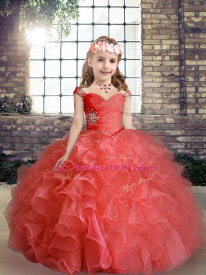 Red Organza Lace Up Girls Pageant Dresses Sleeveless Floor Length Beading
