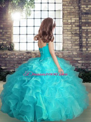 Red Organza Lace Up Girls Pageant Dresses Sleeveless Floor Length Beading