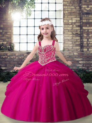 Ball Gowns Girls Pageant Dresses Fuchsia Straps Tulle Sleeveless Floor Length Lace Up