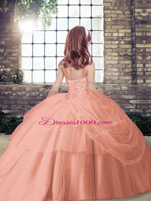 Ball Gowns Girls Pageant Dresses Fuchsia Straps Tulle Sleeveless Floor Length Lace Up