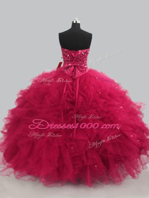 Hot Pink Sweetheart Lace Up Beading and Ruffles Ball Gown Prom Dress Sleeveless