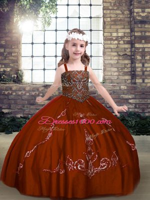 Elegant Tulle Straps Sleeveless Lace Up Beading Little Girls Pageant Dress Wholesale in Rust Red