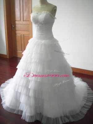 Sophisticated White Tulle Lace Up Wedding Dresses Sleeveless Brush Train Beading and Ruffled Layers