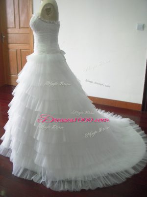 Sophisticated White Tulle Lace Up Wedding Dresses Sleeveless Brush Train Beading and Ruffled Layers