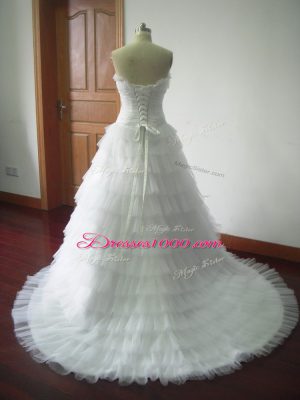 Sophisticated White Tulle Lace Up Wedding Dresses Sleeveless Brush Train Beading and Ruffled Layers