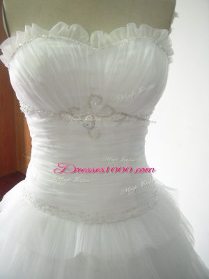 Sophisticated White Tulle Lace Up Wedding Dresses Sleeveless Brush Train Beading and Ruffled Layers