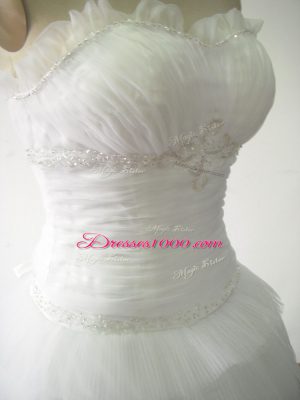 Sophisticated White Tulle Lace Up Wedding Dresses Sleeveless Brush Train Beading and Ruffled Layers