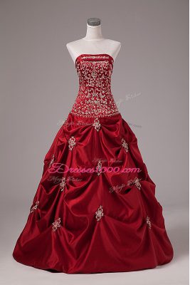 Inexpensive Ball Gowns Quinceanera Dresses Wine Red Strapless Taffeta Sleeveless Floor Length Lace Up