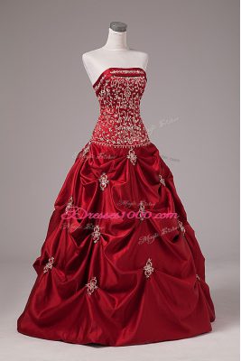 Inexpensive Ball Gowns Quinceanera Dresses Wine Red Strapless Taffeta Sleeveless Floor Length Lace Up