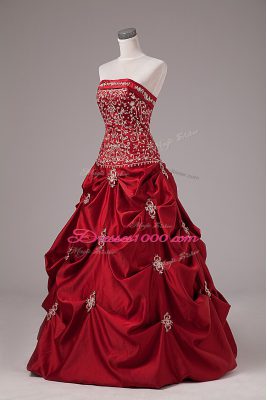 Inexpensive Ball Gowns Quinceanera Dresses Wine Red Strapless Taffeta Sleeveless Floor Length Lace Up