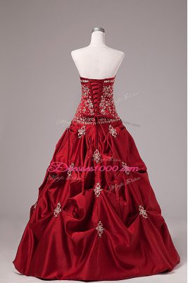 Inexpensive Ball Gowns Quinceanera Dresses Wine Red Strapless Taffeta Sleeveless Floor Length Lace Up