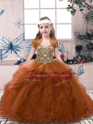 Floor Length Rust Red Little Girls Pageant Dress Wholesale Tulle Sleeveless Beading and Ruffles