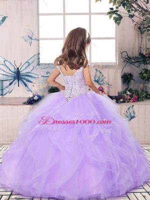 Floor Length Rust Red Little Girls Pageant Dress Wholesale Tulle Sleeveless Beading and Ruffles