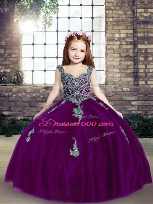 Beautiful Purple Sleeveless Tulle Lace Up Little Girls Pageant Dress for Party and Wedding Party