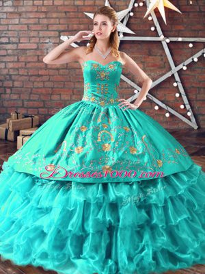 Aqua Blue Quinceanera Dress Sweet 16 and Quinceanera with Embroidery and Ruffled Layers Sweetheart Sleeveless Lace Up