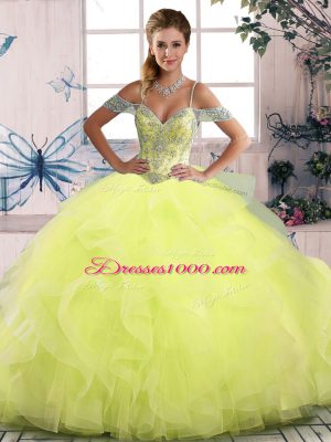 Exquisite Yellow Green Side Zipper Sweet 16 Dresses Beading and Ruffles Sleeveless Floor Length