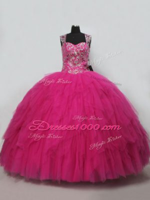 Hot Pink Ball Gowns Straps Sleeveless Tulle Lace Up Beading and Ruffles Sweet 16 Quinceanera Dress