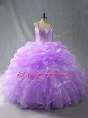 Extravagant Ball Gowns Sweet 16 Dresses Lavender Straps Organza Sleeveless Floor Length Zipper