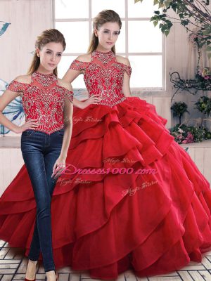 Noble Two Pieces Red Ball Gown Prom Dress Lace Up
