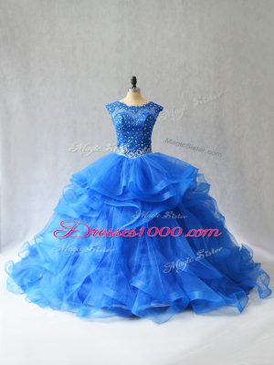 Stylish Royal Blue Sleeveless Beading and Lace Lace Up Quince Ball Gowns