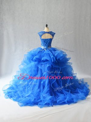 Stylish Royal Blue Sleeveless Beading and Lace Lace Up Quince Ball Gowns