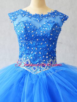 Stylish Royal Blue Sleeveless Beading and Lace Lace Up Quince Ball Gowns