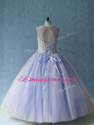 Lavender Scoop Neckline Beading Quince Ball Gowns Sleeveless Lace Up