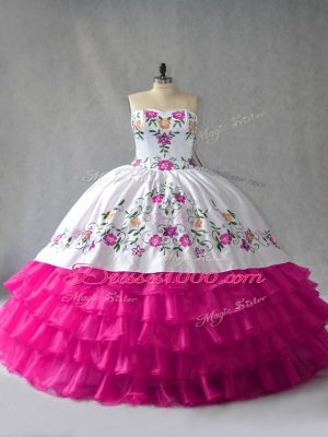 Extravagant Fuchsia Lace Up Sweetheart Embroidery and Ruffled Layers Sweet 16 Dress Satin and Organza Sleeveless