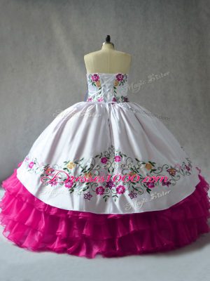 Extravagant Fuchsia Lace Up Sweetheart Embroidery and Ruffled Layers Sweet 16 Dress Satin and Organza Sleeveless