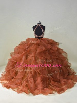 Brush Train Two Pieces Ball Gown Prom Dress Brown Halter Top Organza Sleeveless Backless