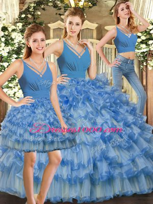 Ruffles and Ruffled Layers Quince Ball Gowns Blue Backless Sleeveless Floor Length