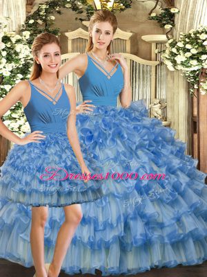 Ruffles and Ruffled Layers Quince Ball Gowns Blue Backless Sleeveless Floor Length