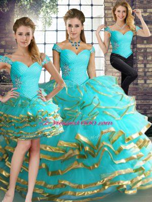 Beautiful Off The Shoulder Sleeveless Sweet 16 Quinceanera Dress Floor Length Beading and Ruffled Layers Aqua Blue Tulle