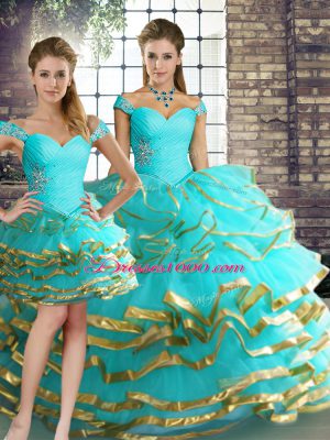 Beautiful Off The Shoulder Sleeveless Sweet 16 Quinceanera Dress Floor Length Beading and Ruffled Layers Aqua Blue Tulle