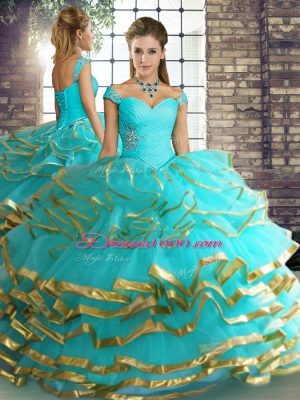 Beautiful Off The Shoulder Sleeveless Sweet 16 Quinceanera Dress Floor Length Beading and Ruffled Layers Aqua Blue Tulle