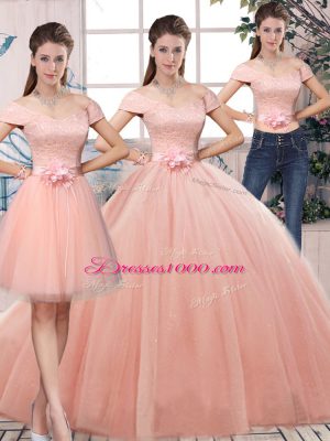 Exceptional Short Sleeves Tulle Floor Length Lace Up Quinceanera Gown in Pink with Lace and Hand Made Flower