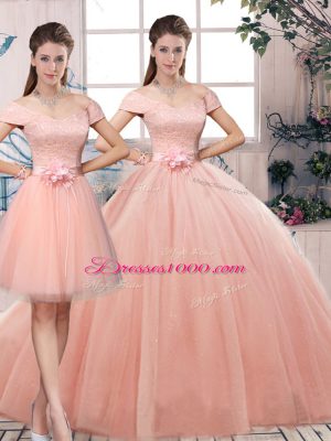 Exceptional Short Sleeves Tulle Floor Length Lace Up Quinceanera Gown in Pink with Lace and Hand Made Flower