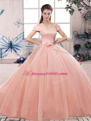 Exceptional Short Sleeves Tulle Floor Length Lace Up Quinceanera Gown in Pink with Lace and Hand Made Flower