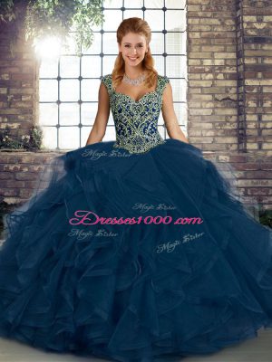 Straps Sleeveless 15 Quinceanera Dress Floor Length Beading and Ruffles Blue Tulle