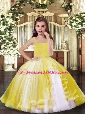 High Quality Yellow Ball Gowns Tulle Straps Sleeveless Beading Floor Length Lace Up Party Dress for Toddlers